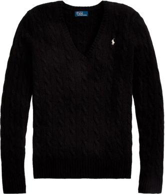 Polo Ralph Lauren Kabelgebreide V-hals trui van wol en kasjmier - Dames - Truien - Zwart - Maat: M Wol