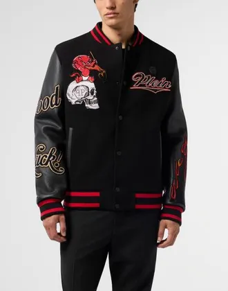 Philipp Plein Varsity Bomber With Leather Sleeves Devil Skull Men in Black at Nordstrom, Size Xx-Large