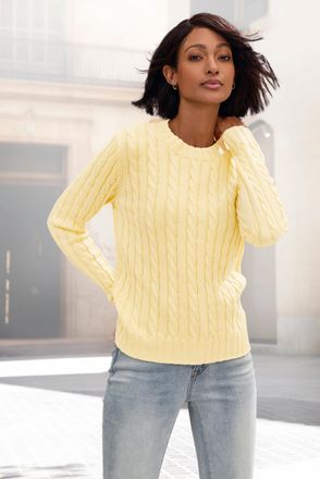 Lascana Rundhalspullover LASCANA, Damen, Gr. 32/34, hellgelb, Strick, Obermaterial: 50% Baumwolle, 50% Polyacryl, unifarben, figurumspielend h&uuml;ftlang, Rundhal