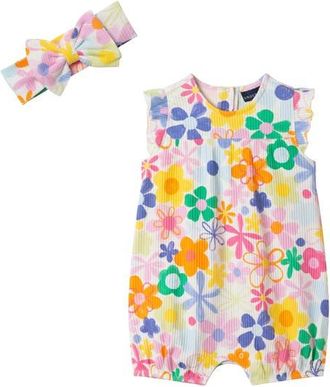 Andy & Evan Floral Rib Stretch Cotton Bubble Romper & Bow Head Wrap Set in White Multi at Nordstrom, Size 18-24M