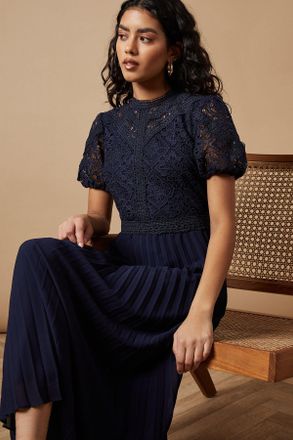 Oasis Womens Petite Lace Puff Sleeve Pleated Midi Dress - Navy - Size 16 UK