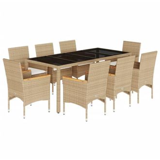 vidaXL Set Comedor Jard&iacute;n 9 Pzas Cojines Rat&aacute;n Sint&eacute;tico Vidrio Beige Vidaxl