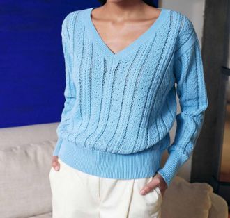 White + Warren Recycled Cotton Open Cable V-Neck Sweater In Sky Blue