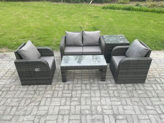 Fimous Rattan Lounge Sofa Set Outdoor Garden Furniture Set with Rectangular Coffee Table Love Sofa Side Table Dark Grey Mixed