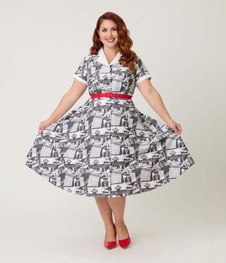 Unique Vintage Plus Size Collared Short Sleeved Belted Alexis Swing Dress in Black & White Newspaper Print at Nordstrom, Size 1X
