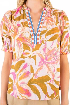 THML Clothing Ruffled Sleeve Floral V-Neck Top In Multicolor