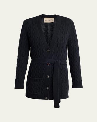 Valentino Garavani V-Logo Cashmere Cable Knit V-Neck Cardigan