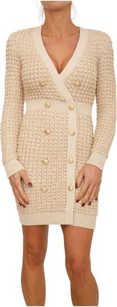 Elisabetta Franchi Boucl&eacute; Gebreide Jurk met Pailletten - Dames - Kleedjes - Beige - M - Pailletten - Kleedjes