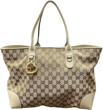 Gucci Beige White Canvas Leather Handbag Tote Bag (Pre-Owned)