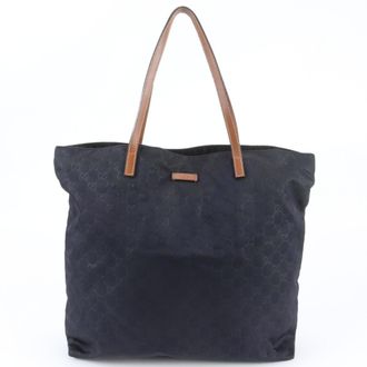 Gucci Brown Navy Leather Nylon Shoulder Bag Tote Bag (Pre-Owned)