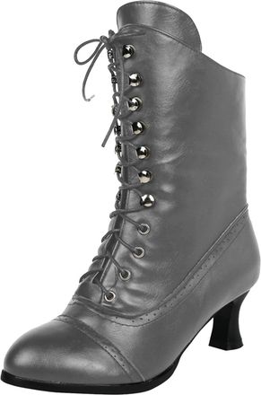 Generic Women Mid Calf Boots Fashionable Pattern Solid Color Round Toe Comfortable Lace Up Shoes for Everyday Wear (Grey, 8)