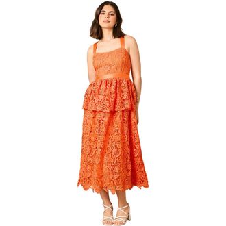 Oasis Cross Strap Tiered Lace Midi Dress in Orange at Nordstrom, Size 10