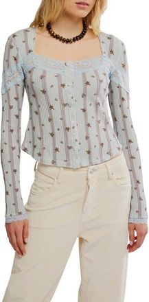 Free People Lets Party Floral Lace Trim Cotton Waffle Knit Button-Up Top in Pearl Blue Combo at Nordstrom, Size X-Large