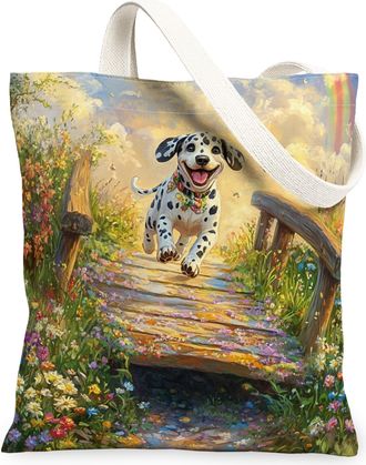 Generic Spring Dalmatian Dog Canvas Tote Bag for Shopping 13x15, Country Garden Puppy Reusable Grocery Print Pattern Bag for Women, Fun Flower Pet Beach Aesth
