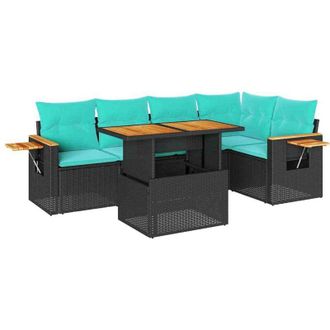 vidaXL 6 Piece Garden Sofa Set with Cushions Black Poly Rattan Acacia vidaXL