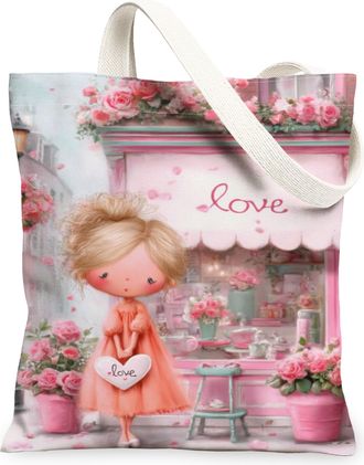 Generic Floral Canvas Tote Bags, Romantic Flower Pattern Reusable Grocery Bags, Spring Vintage Chic Lightweight Washable Shoulder S, Peach, 13x15 Inch