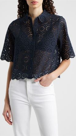 Frame Denim The Petal Eyelet Crop Shirt in Navy at Nordstrom, Size X-Small