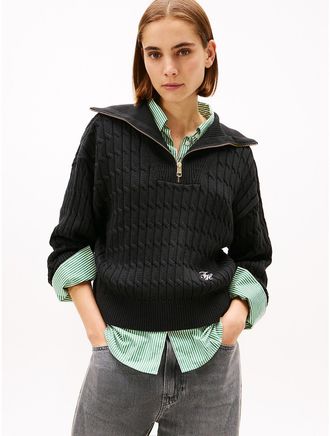 Tommy Hilfiger Womens Cable Knit Quarter-Zip Sweater - Black - XXS