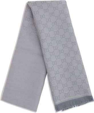 Gucci Womens Gg Supreme Embroidered Wool Scarf Shell-Sky Blue Ovis Aries Shell/sky Scarfs