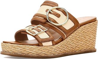 Johnston & Murphy Mallory Double Buckle Wedge Womens Sandals Natural Raffia/Cognac Nappa Leather : 6.5 M