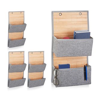 Relaxdays 4 Bolsas Colgantes Almacenaje, Organizadoras, Ba&ntilde;o, Puerta Armario Y Pared, 62x33x12 Cm, Plegables, Bamb&uacute; Y Tela, Gris