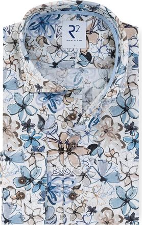 R2 Overhemd R2 Modern Fit blauw bloemenpatroon