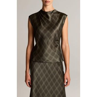 Vince Diamond Plaid Draped Silk Top in Dark Moss/sage at Nordstrom, Size Xx-Small