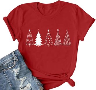 Generic Christmas Jumpers for Women UK Jumper Baggy Casual Women Christmas Print Pullover Round Neck Short Sleeved Shirt Womens Jumpers Size 14 (Red, XXL)
