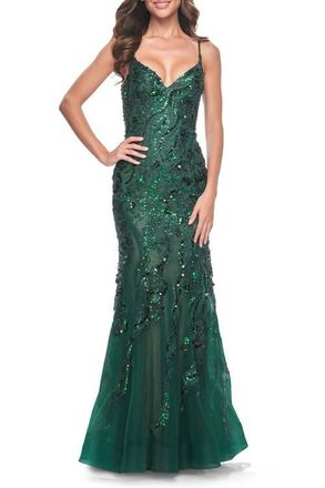 La Femme Mermaid Sequin and Beaded Embellished Prom Dress in Emerald at Nordstrom, Size 10
