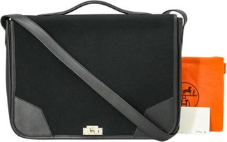 Herm&egrave;s Black Canvas Box Calf Leather Messenger Bag Shoulder Bag (Pre-Owned)