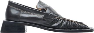 Miista Vierkante Neus Leren Loafers met Blokhak - Dames - Loafers - Zwart - 37 EU - Leer - Schoenen