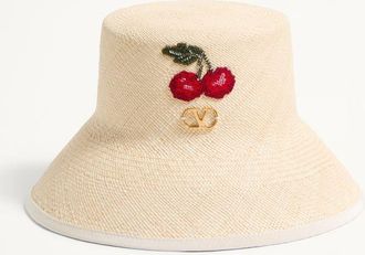 Valentino Garavani Vlogo Signature Straw Bucket Hat With Leather Trim And Cherryfic Embroidery Wo