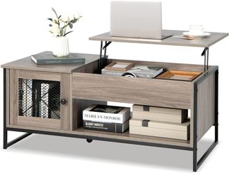 Costway Costway - Mesa De Centro Con Tablero Elevable, Mesa Auxiliar Industrial Con Elevaci&oacute;n Neum&aacute;tica, Mesa De Caf&eacute; Multifuncional Con Compartimento Cerrado
