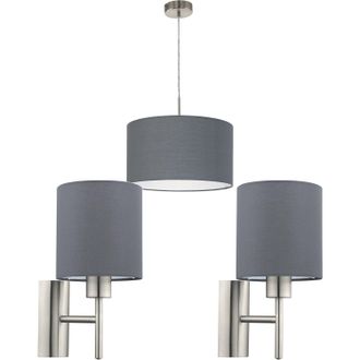 Loops Ceiling Pendant Light & 2x Matching Wall Lights Satin Nickel Grey Fabric Shade in Metallics