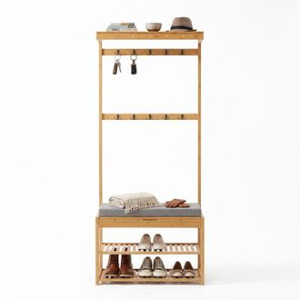 Relaxdays Relaxdays coat rack with bench, 2 shoe shelves, 10 hooks, HxWxD: 175x70x33 cm, bamboo, natural