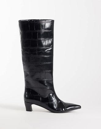 schuh Dollie stivali al ginocchio a punta effetto coccodrillo neri-Nero