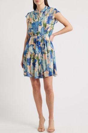 Julia Jordan Pleated Tie Waist Dress in Blue Multi at Nordstrom, Size Small