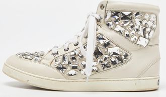Jimmy Choo London White Leather Tokyo Crystal Embellished High Top Sneakers