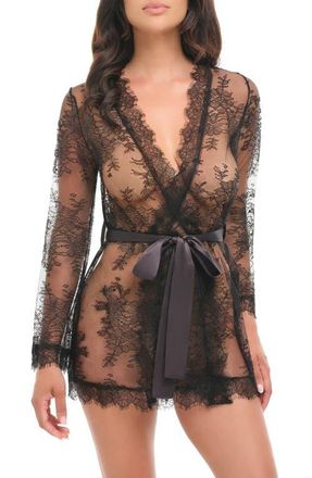 Oh l&agrave; l&agrave; Ch&eacute;ri Amor&eacute; Lace Satin Bow Robe in Black at Nordstrom, Size Large