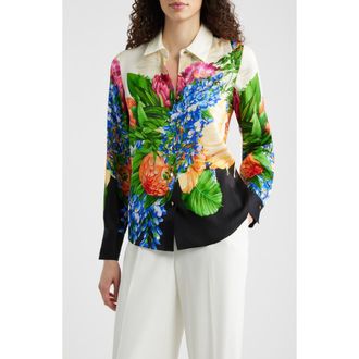 Elie Tahari The Madeline Floral Stretch Silk Button-Up Shirt in Spring Meadow Print at Nordstrom, Size X-Small