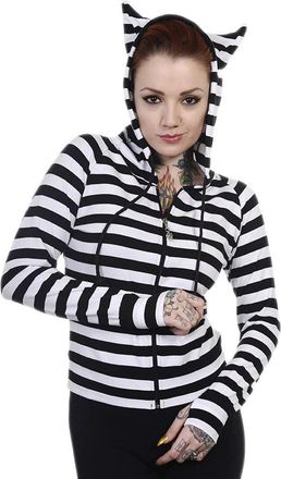 Banned Womens Cat Ears Striped Hoodie Black & White XL