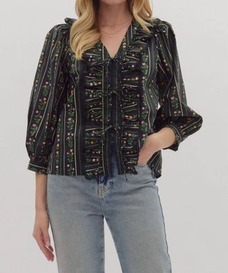 Entro Bow Tied Floral Printed Top In Black