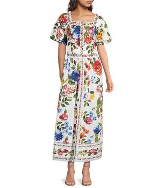 Skies Are Blue Clothing Floral Border Puff Sleeve Crop Top In Multi
