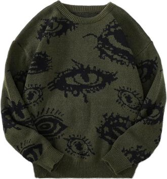 Generic ZBDZSW Autumn and Winter Abstract Eye Jacquard Pattern Pullover Sweater Casual Round Neck Knitted Mens Pullover Green