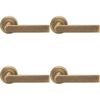 Loops 4x PAIR Flat Rectangular Bar Handle on Round Rose Concealed Fix Antique Brass in Metallics