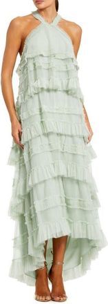 Mac Duggal Dot Mesh Ruffle Halter Neck Ankle Dress in Seamist at Nordstrom, Size X-Small