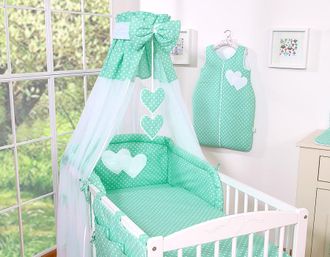 OEM Juego De Ropa De Cama De 5 Piezas 120x90 - Corazones, Lunares Blancos Sobre Fondo Menta