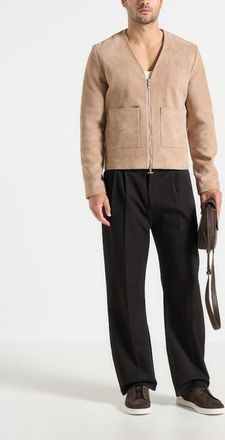 Mani&egrave;re De Voir Maxime Suede Zip Jacket With Contrast Stitch in Beige at Nordstrom, Size Xx-Large