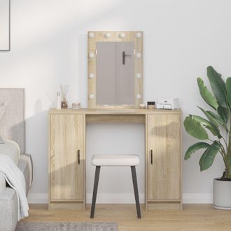 Berkfield Home Dressing Table with LED Lights in Sonoma Oak, 102x33x135 cm in Beige | Size: 102 x 33 x 135 cm