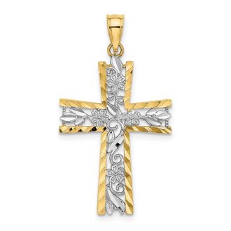 Diamond2Deal 14k Yellow Gold Rhodium Diamond-Cut Flower Design Cross Charm